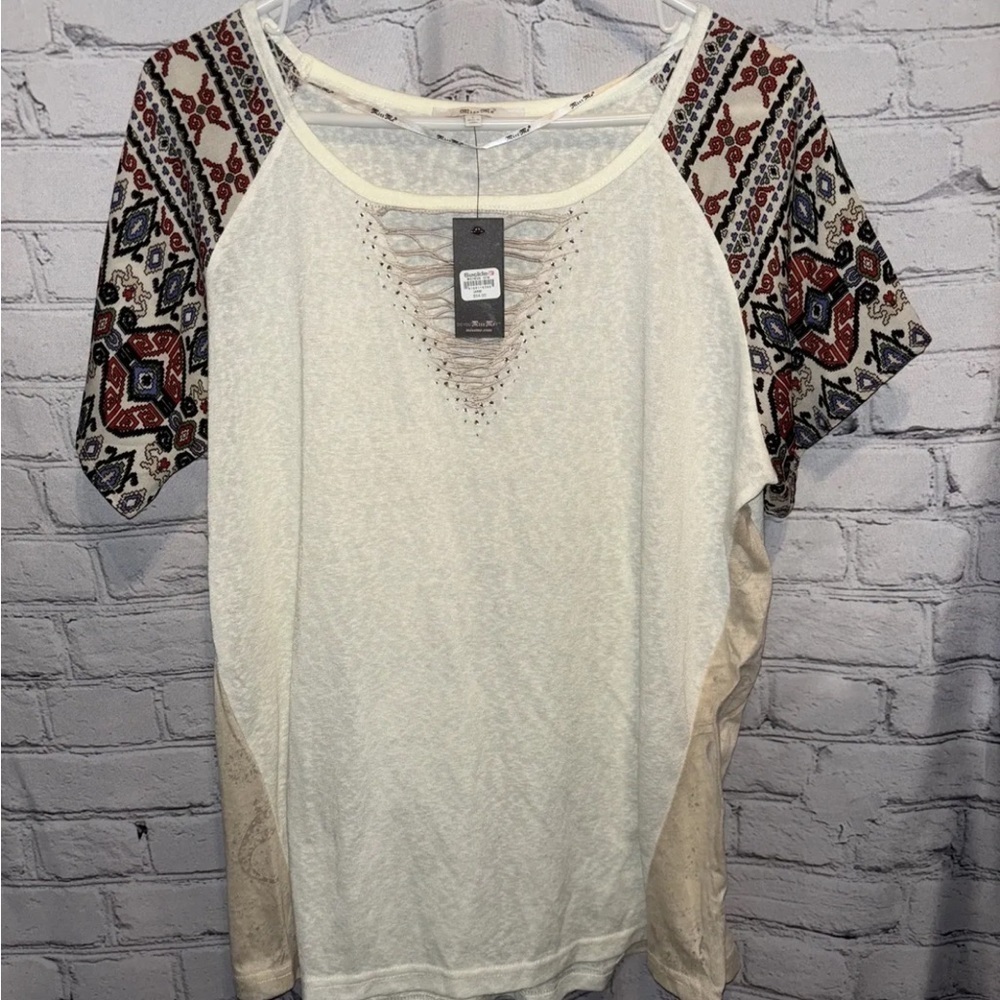 Miss Me Aztec Embellished Top Shirt Blouse Cream Ivory Size Large Casual